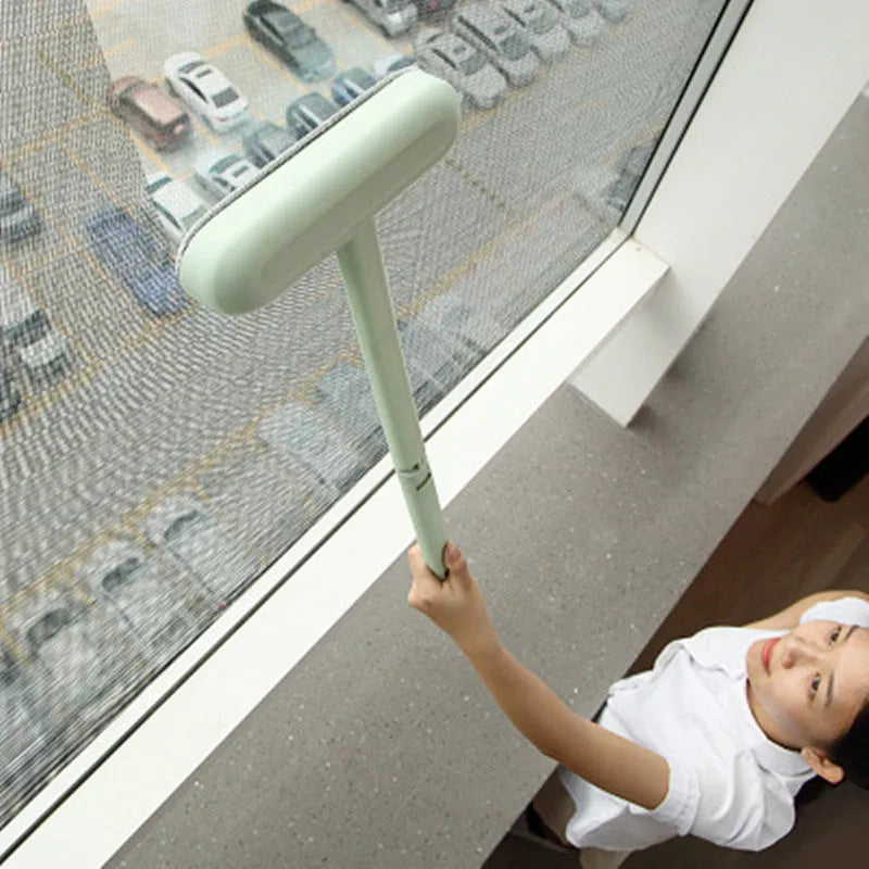 Long-handled plastic screen and window cleaning brush with double-sided wipe, 52x20cm, in white, pink or green