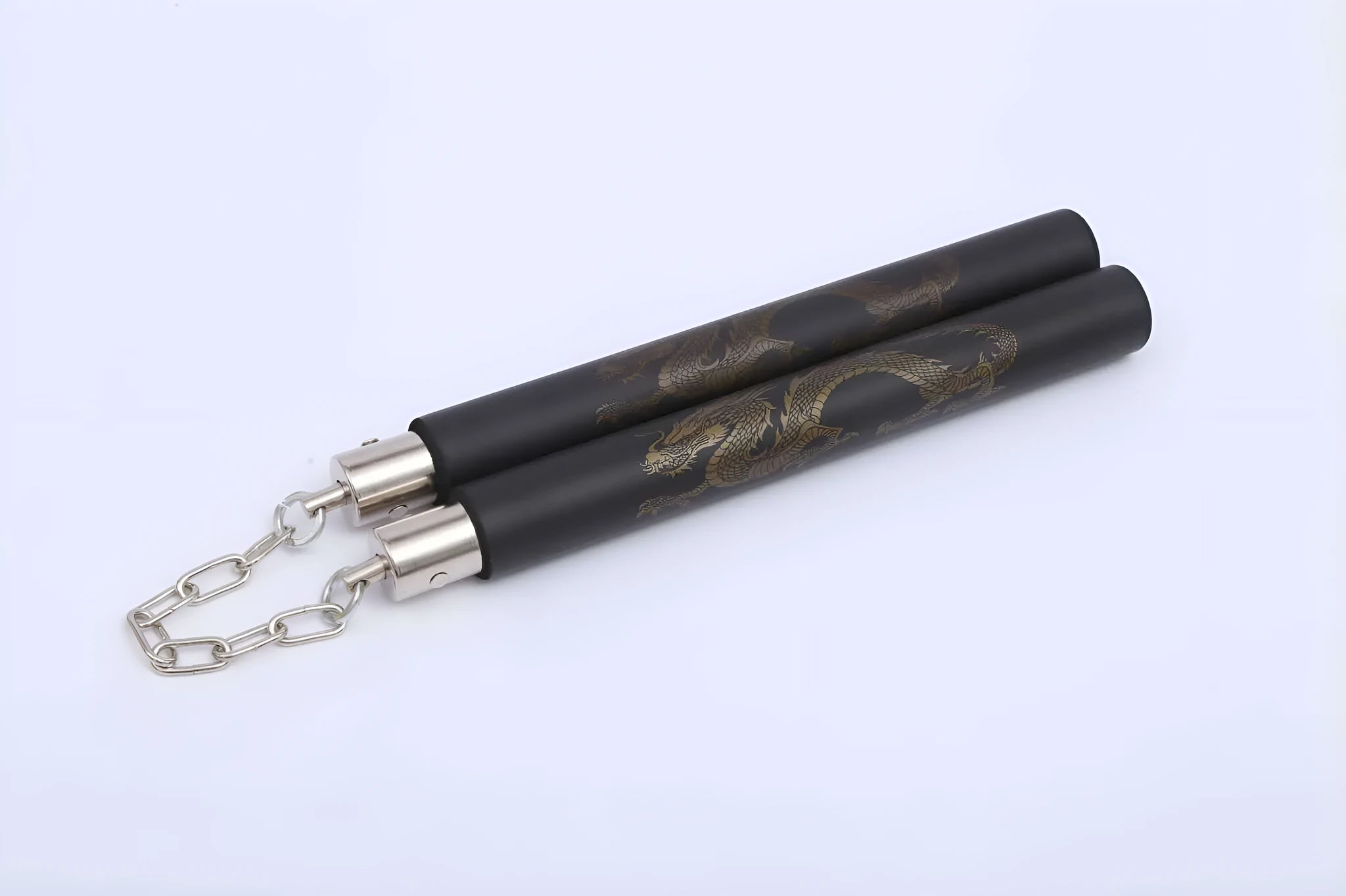 Red foam-padded sponge nunchaku showing two sections connected by a chain, with a total length of 75.5cm.