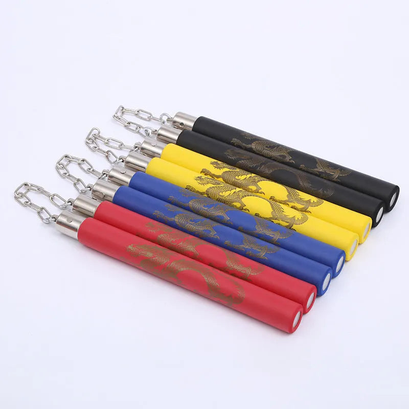 Red foam-padded sponge nunchaku showing two sections connected by a chain, with a total length of 75.5cm.