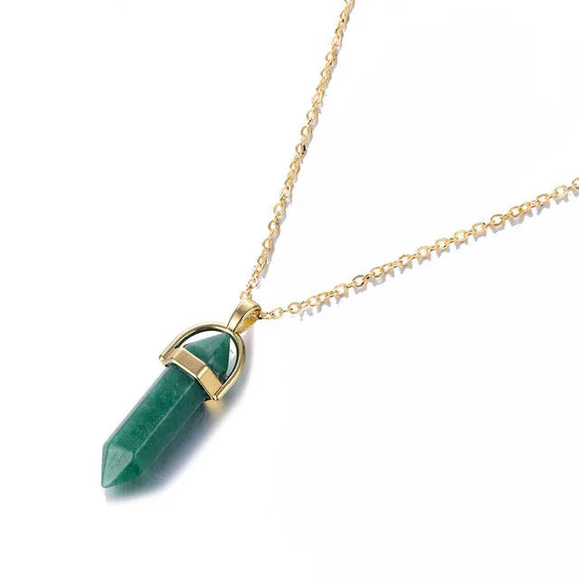 Hexagon pillar necklace pendant with natural stone and crystal on 40+5cm alloy chain