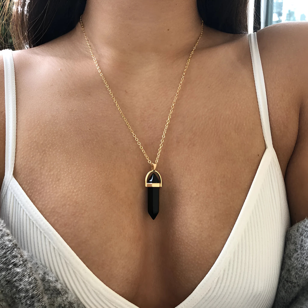 Hexagon pillar necklace pendant with natural stone and crystal on 40+5cm alloy chain