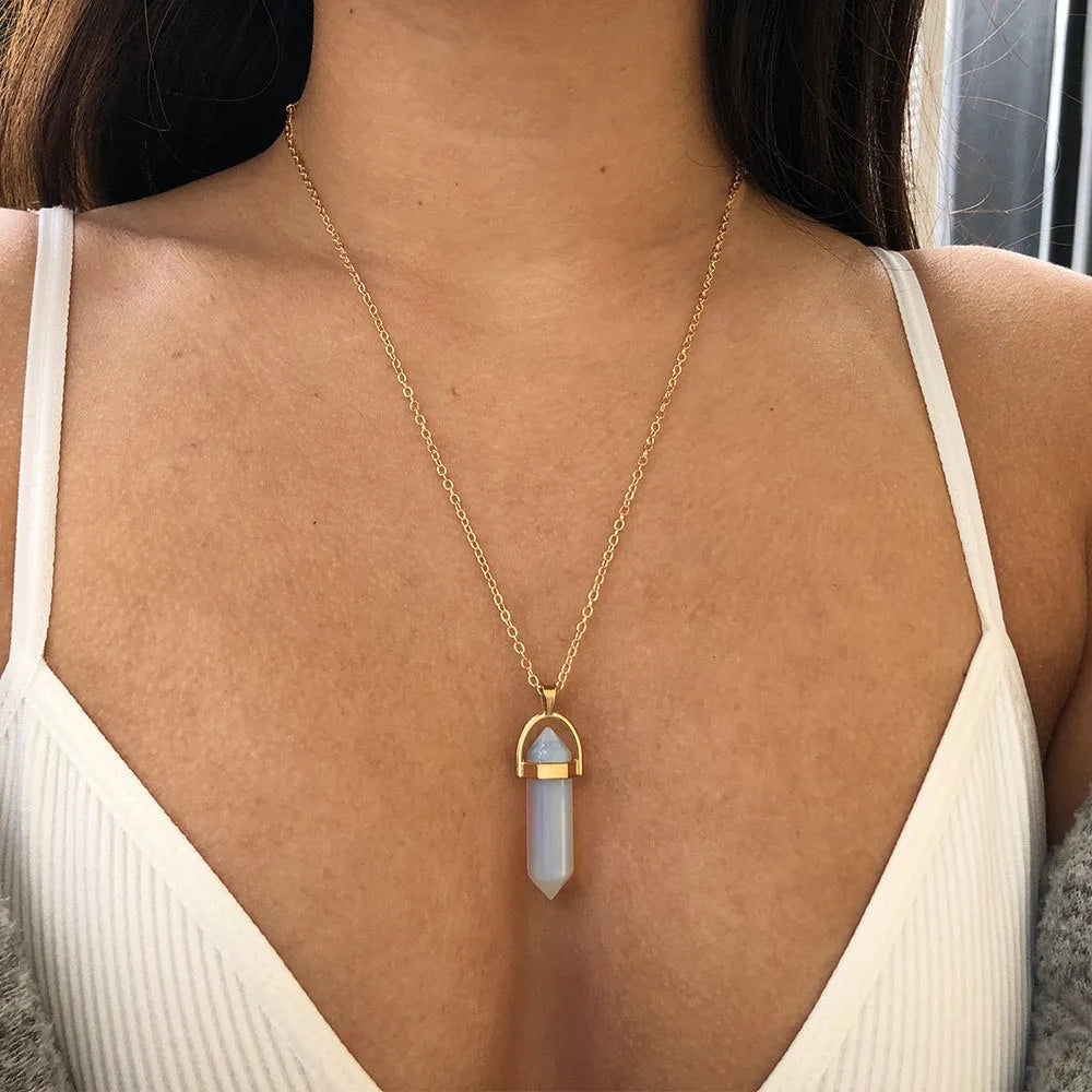 Hexagon pillar necklace pendant with natural stone and crystal on 40+5cm alloy chain