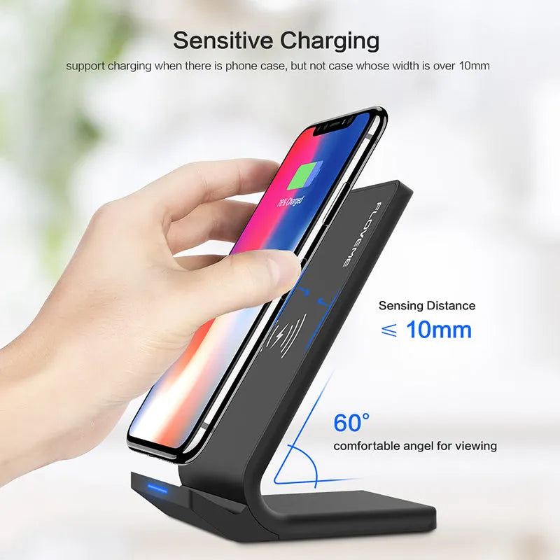 Qi wireless charger board for iPhone and Samsung, 7.5W and 10W fast charge, white or black, USB powered.