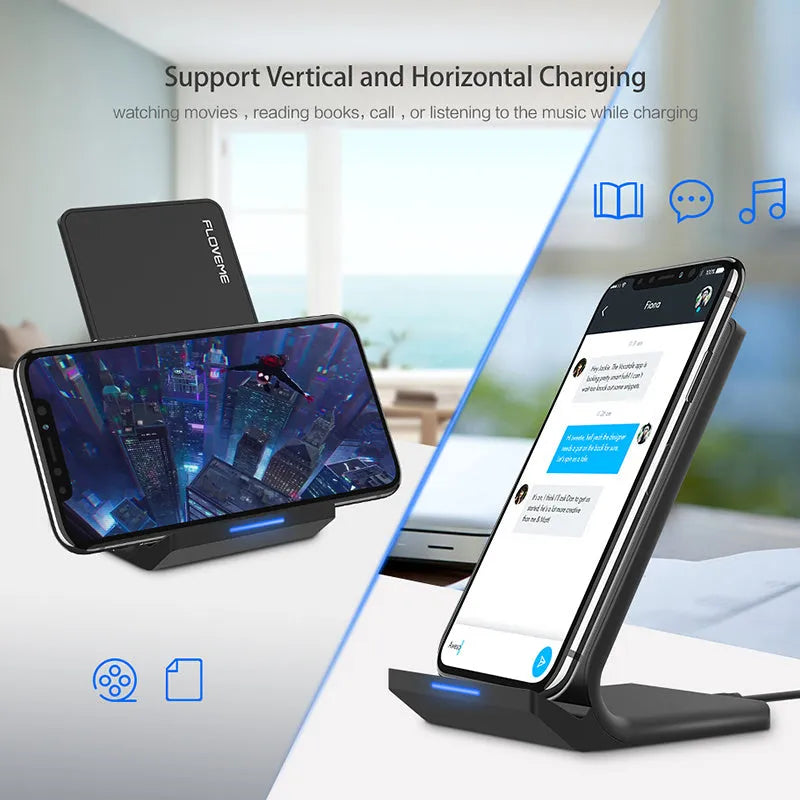 Qi wireless charger board for iPhone and Samsung, 7.5W and 10W fast charge, white or black, USB powered.