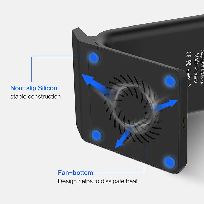 Qi wireless charger board for iPhone and Samsung, 7.5W and 10W fast charge, white or black, USB powered.