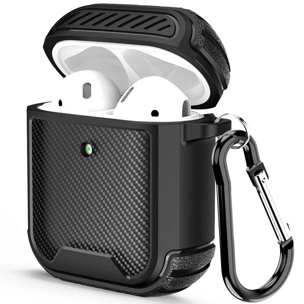 TPU AirPods case with carabiner, open light hole, carbon fibre pattern and solid colour options