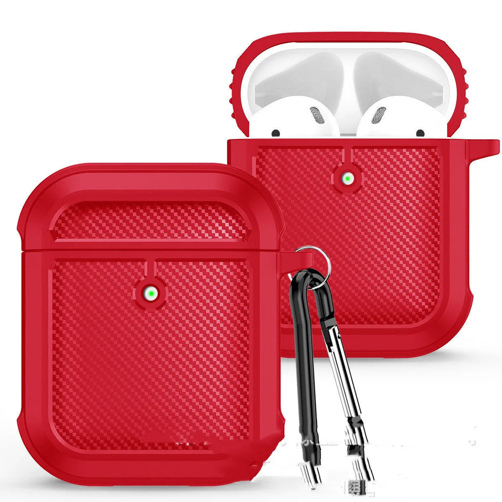 TPU AirPods case with carabiner, open light hole, carbon fibre pattern and solid colour options