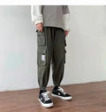 Men's multi-pocket casual overalls loose fit nine-tenths length tether closure plain polyester pants khaki black army green army grey