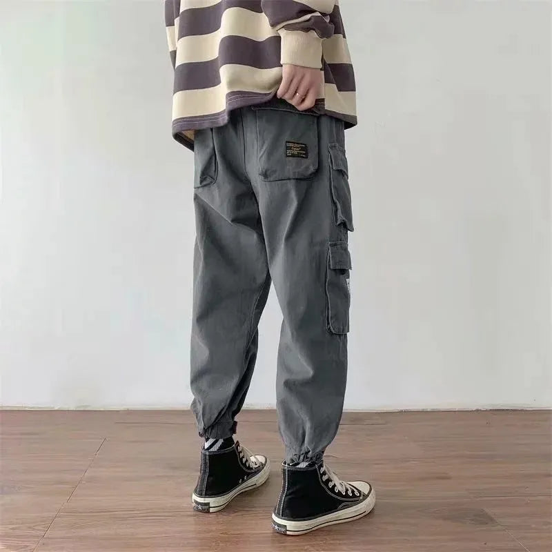 Men's multi-pocket casual overalls loose fit nine-tenths length tether closure plain polyester pants khaki black army green army grey