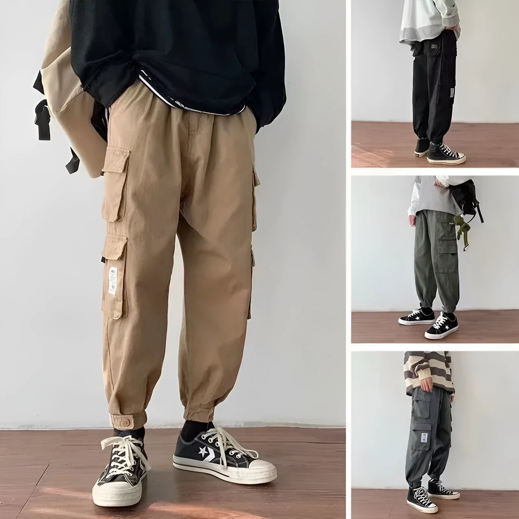 Men's multi-pocket casual overalls loose fit nine-tenths length tether closure plain polyester pants khaki black army green army grey