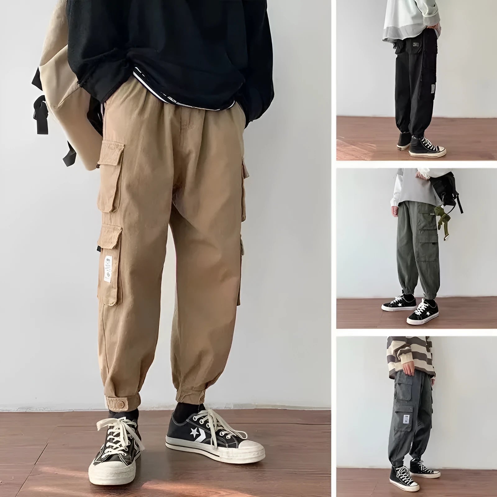 Men's multi-pocket casual overalls loose fit nine-tenths length tether closure plain polyester pants khaki black army green army grey