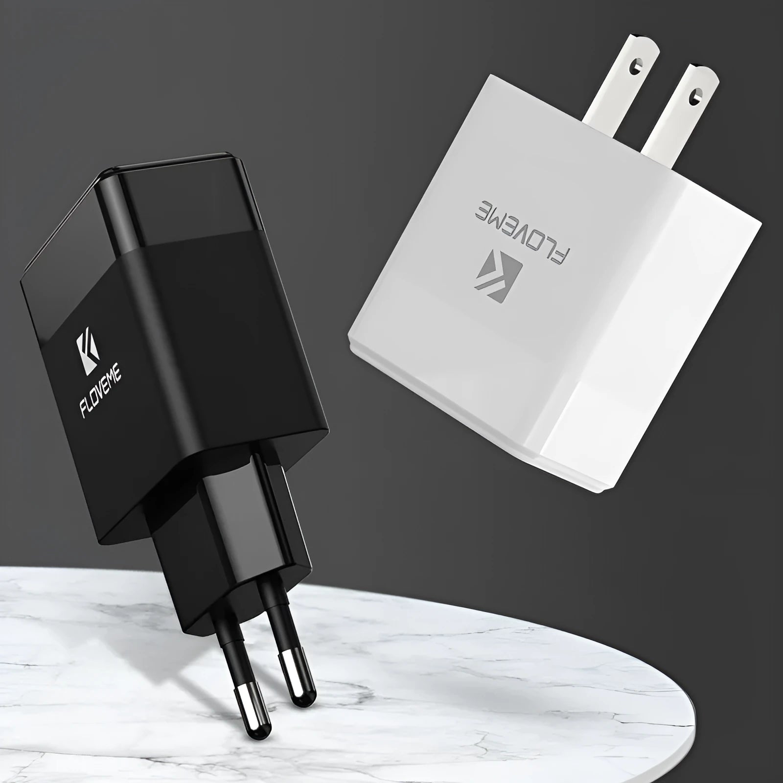 Black and white travel charger for European and American plugs with USB port