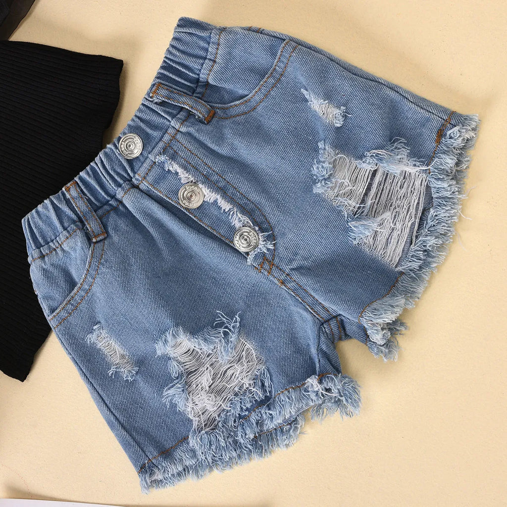 Children's black cotton mesh long sleeve top with dot detailed sleeves and ripped denim shorts suit set