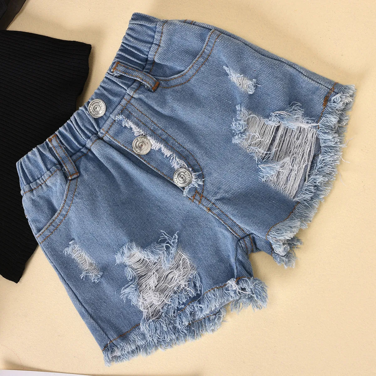 Children's black cotton mesh long sleeve top with dot detailed sleeves and ripped denim shorts suit set