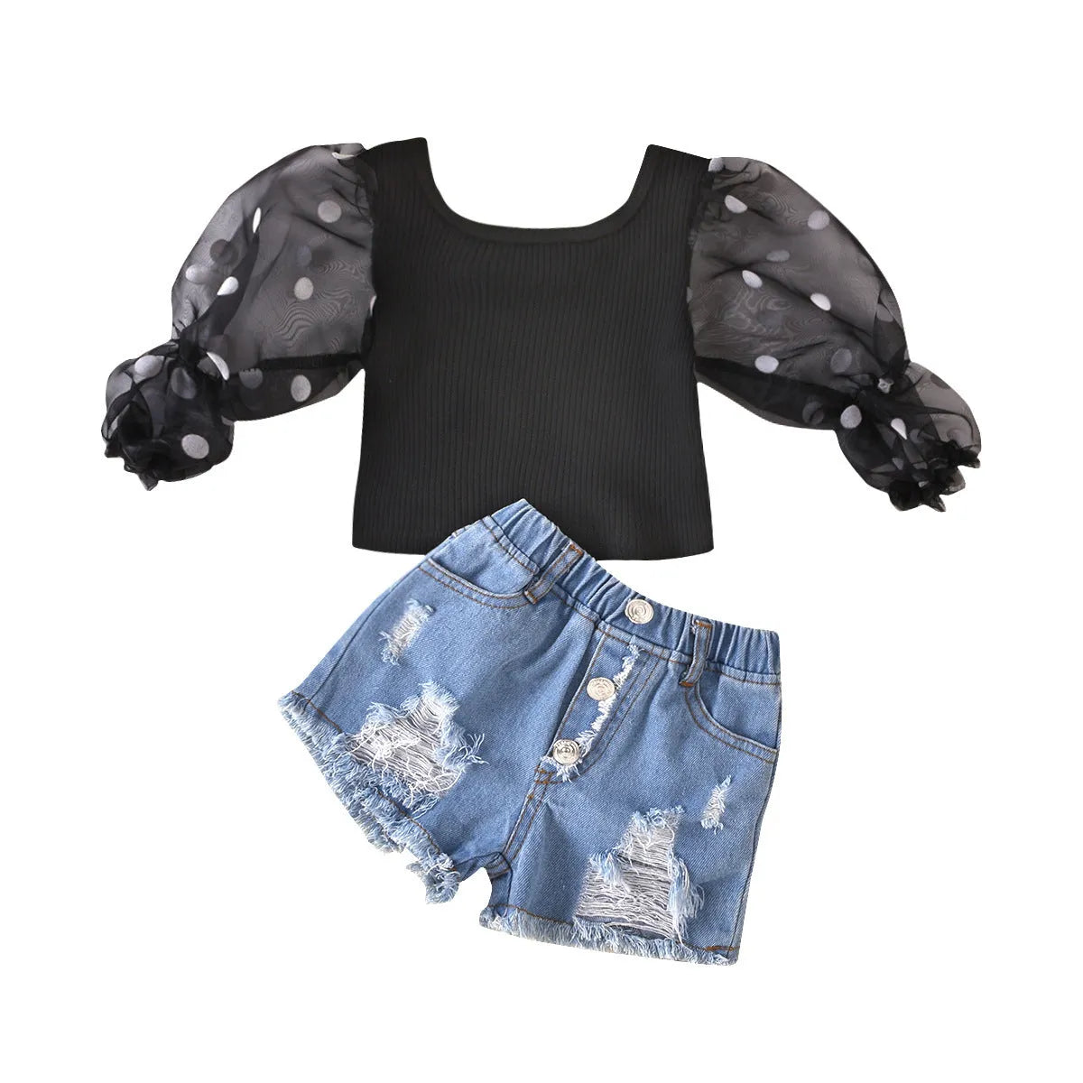 Children's black cotton mesh long sleeve top with dot detailed sleeves and ripped denim shorts suit set