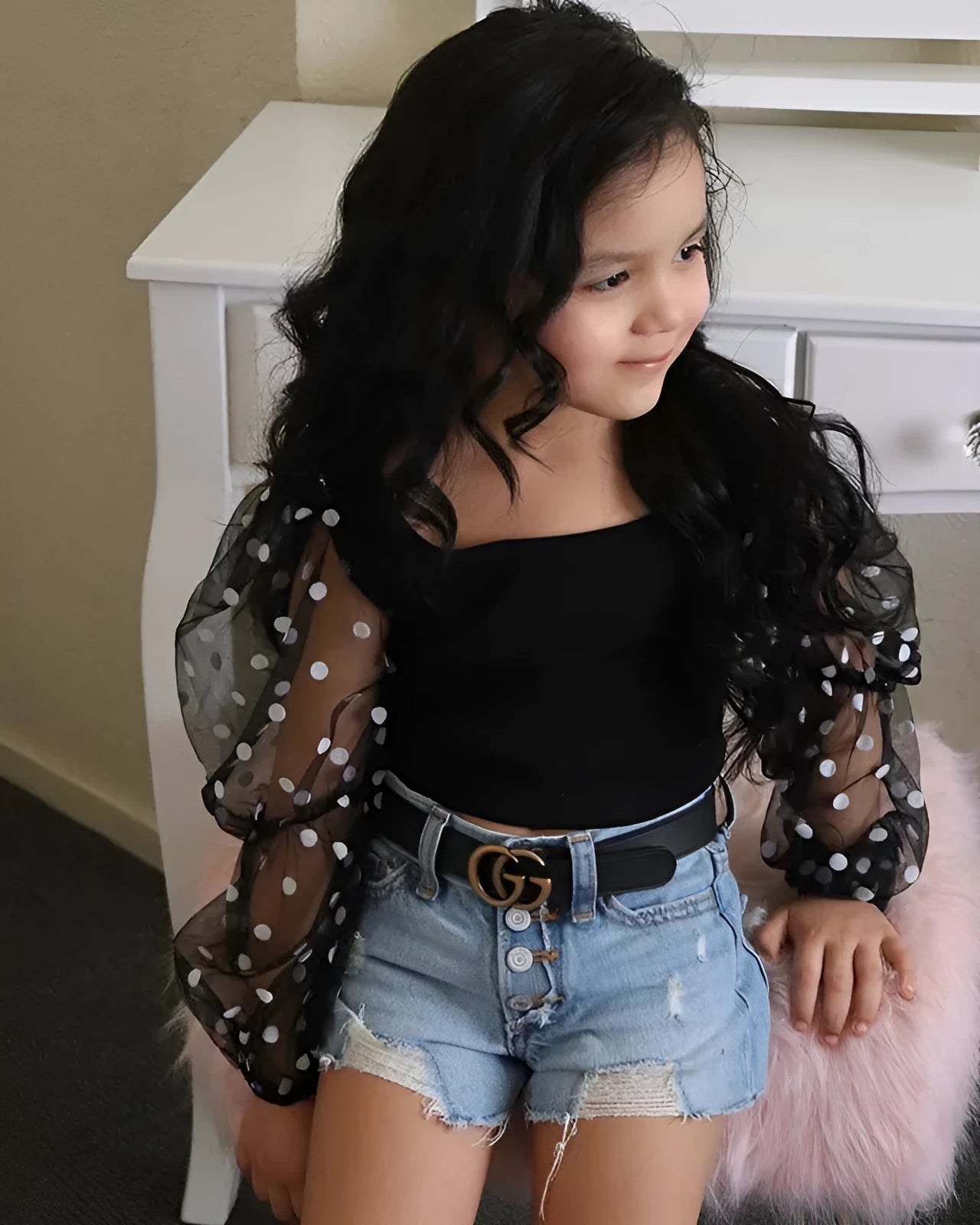 Children's black cotton mesh long sleeve top with dot detailed sleeves and ripped denim shorts suit set