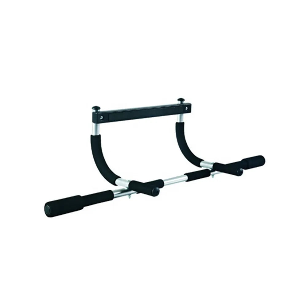 Black steel pipe wall-mounted pull-up bar for indoor home fitness equipment.