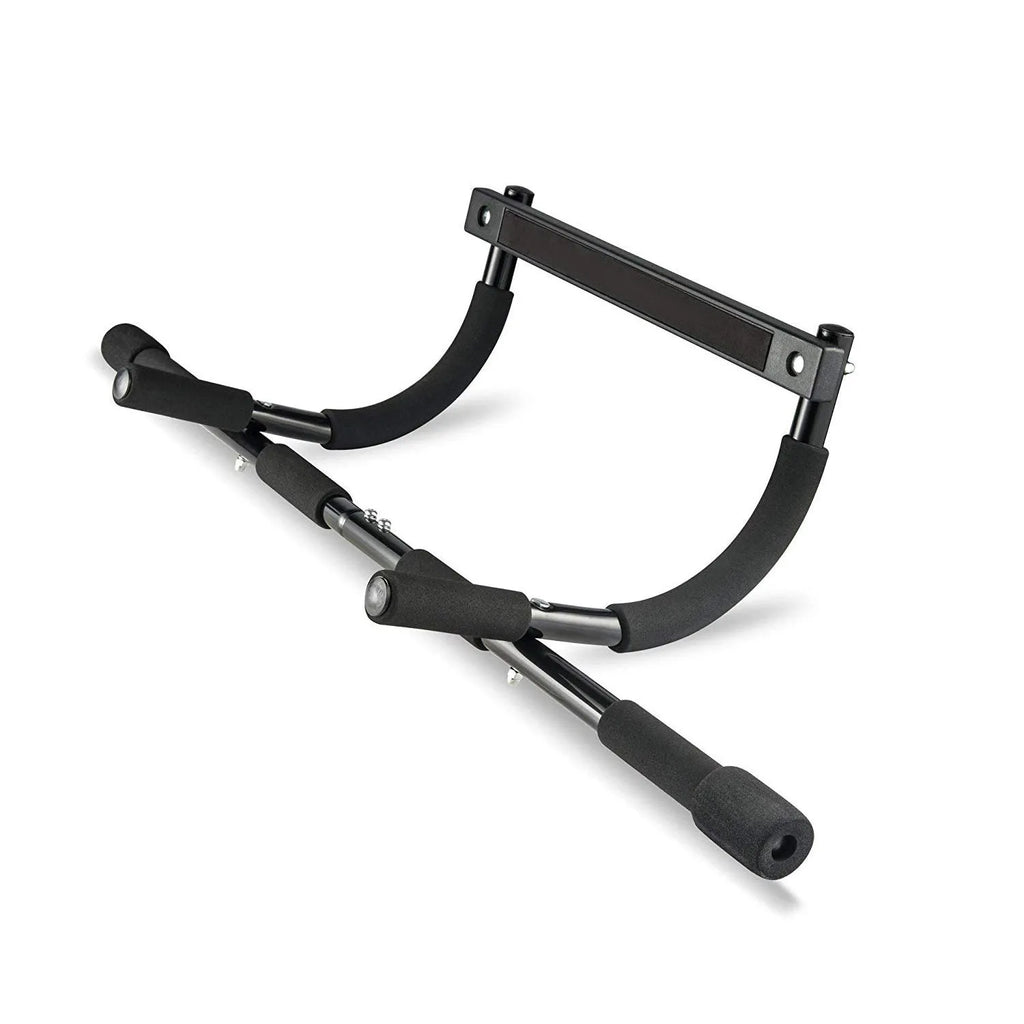 Black steel pipe wall-mounted pull-up bar for indoor home fitness equipment.