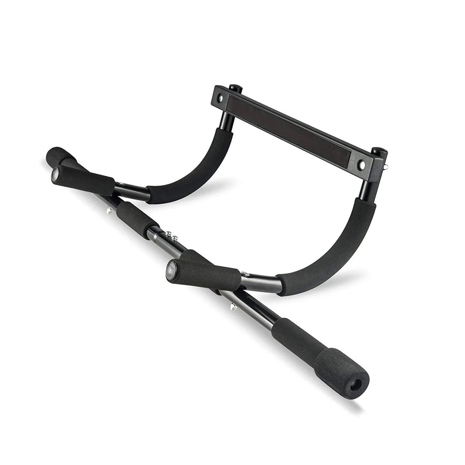 Black steel pipe wall-mounted pull-up bar for indoor home fitness equipment.