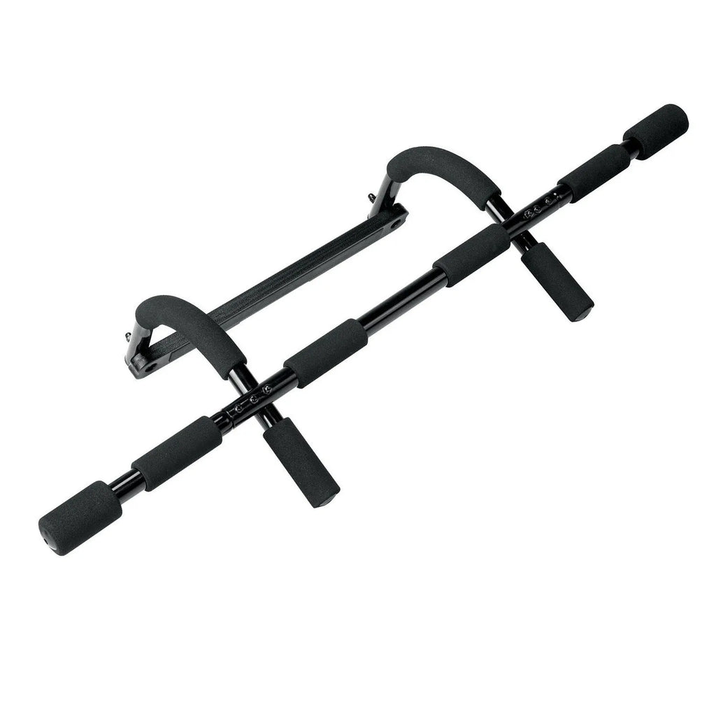 Black steel pipe wall-mounted pull-up bar for indoor home fitness equipment.