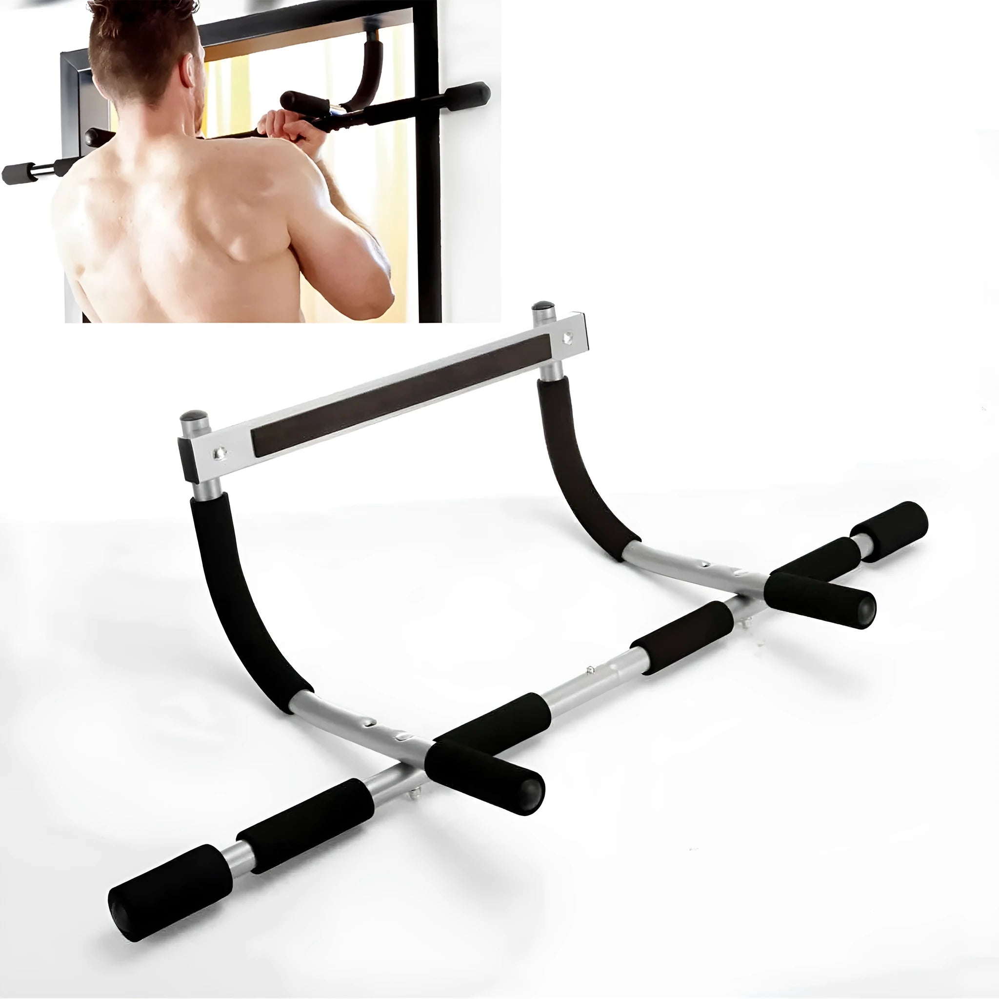 Black steel pipe wall-mounted pull-up bar for indoor home fitness equipment.