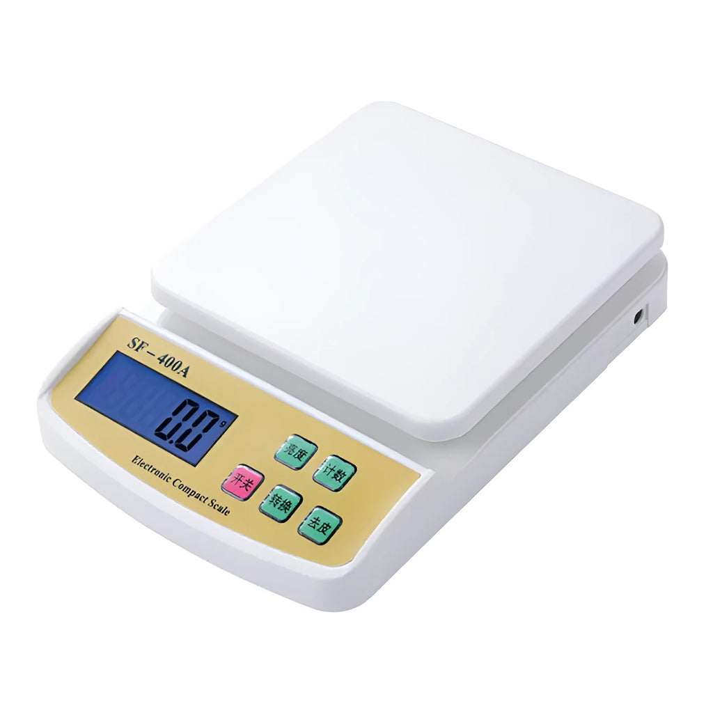 SF-400A black electronic kitchen scale with digital display showing weight measurement