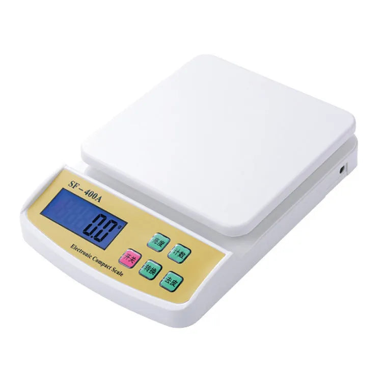 SF-400A black electronic kitchen scale with digital display showing weight measurement
