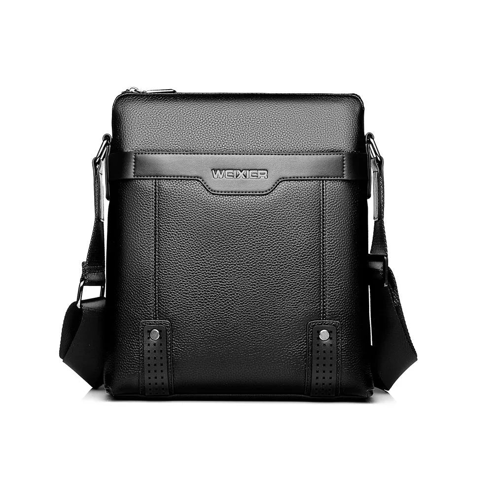 Men's black PU leather shoulder bag with zipper closure showing medium size dimensions
