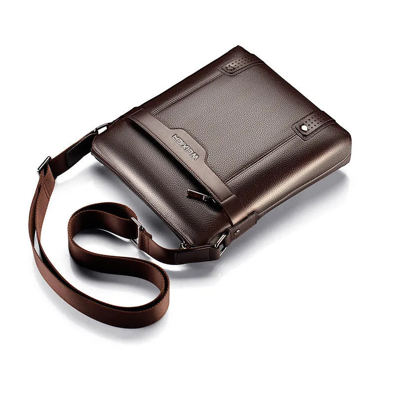 Men's black PU leather shoulder bag with zipper closure showing medium size dimensions