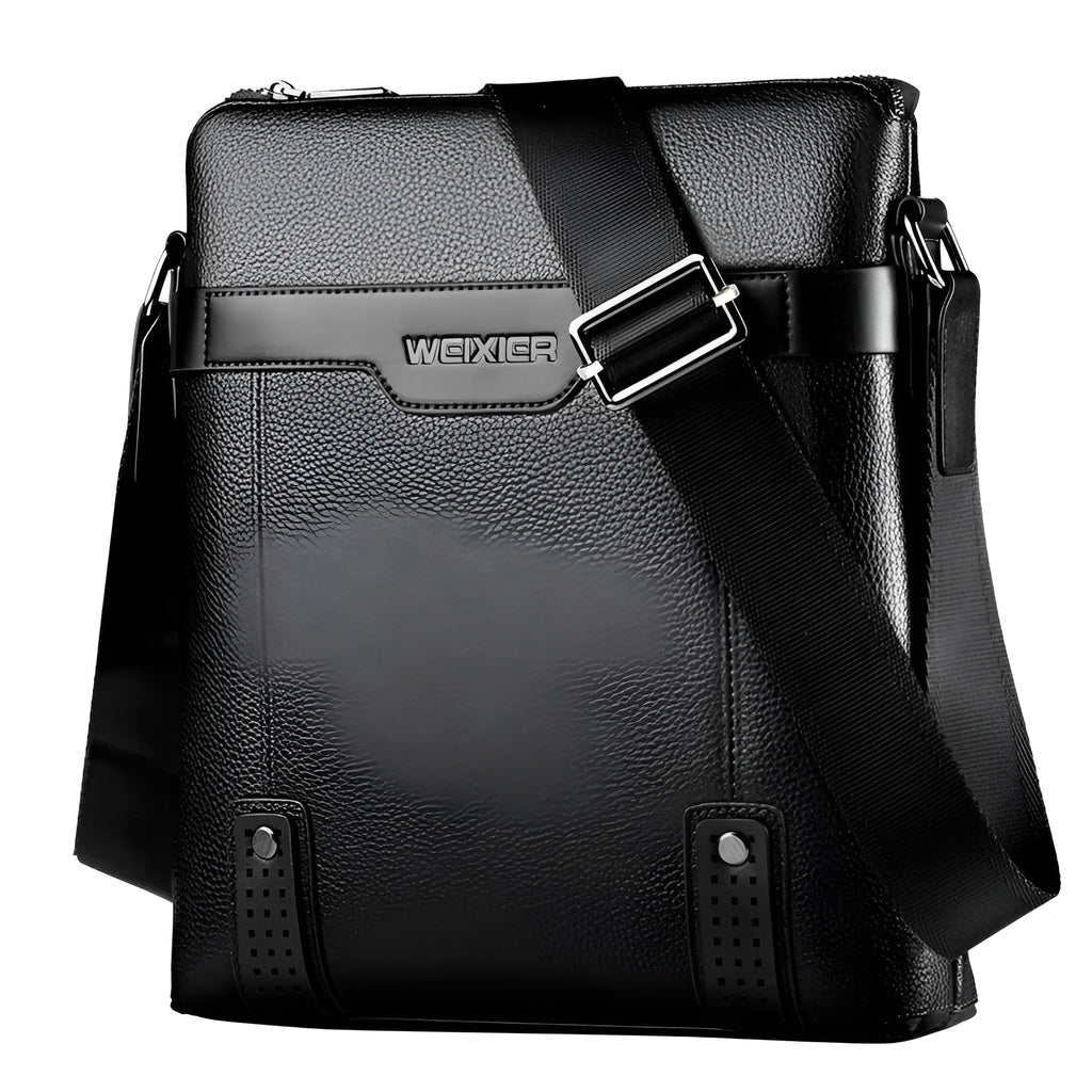 Men's black PU leather shoulder bag with zipper closure showing medium size dimensions