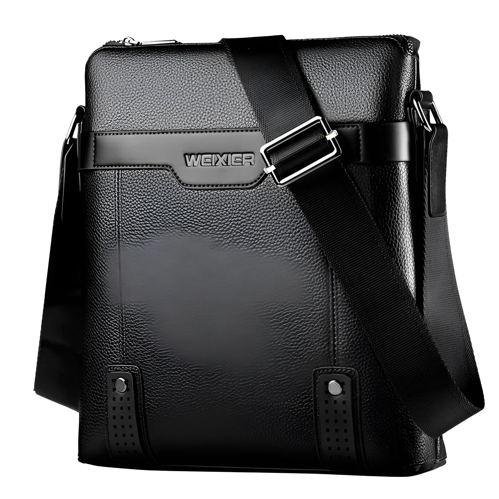 Men's black PU leather shoulder bag with zipper closure showing medium size dimensions