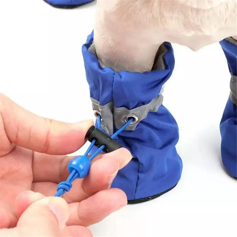 Blue non-slip pet shoe cover in nylon and cotton, available in sizes S to 4XL, with breathable and warm style options