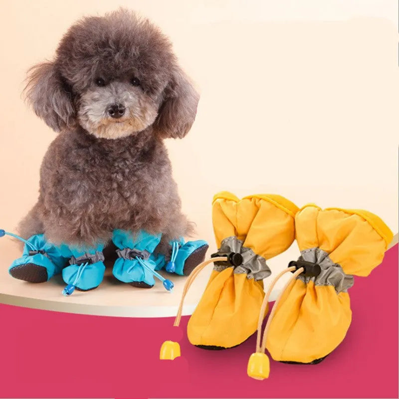 Blue non-slip pet shoe cover in nylon and cotton, available in sizes S to 4XL, with breathable and warm style options