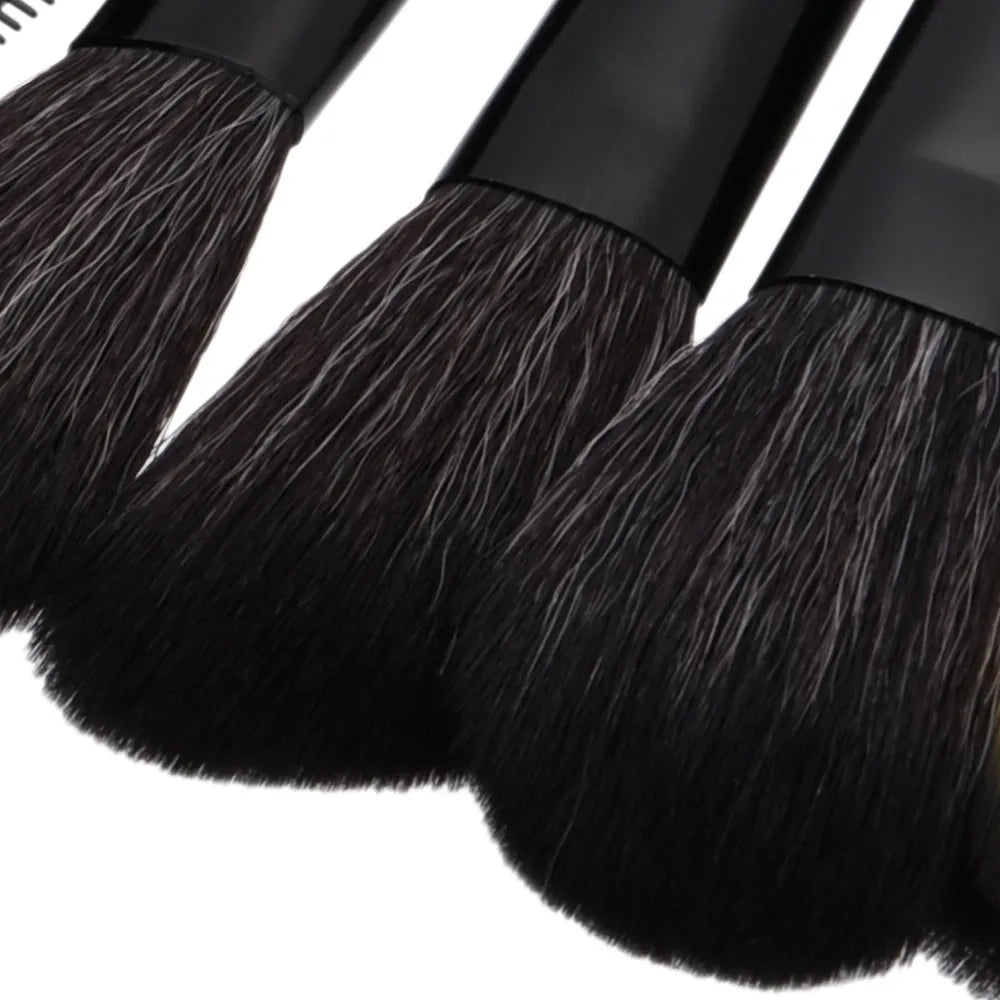 Makeup brush set with nylon bristles and wood handles in a portable size, available in beige or pink.