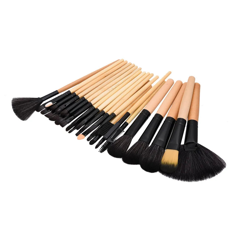 Makeup brush set with nylon bristles and wood handles in a portable size, available in beige or pink.