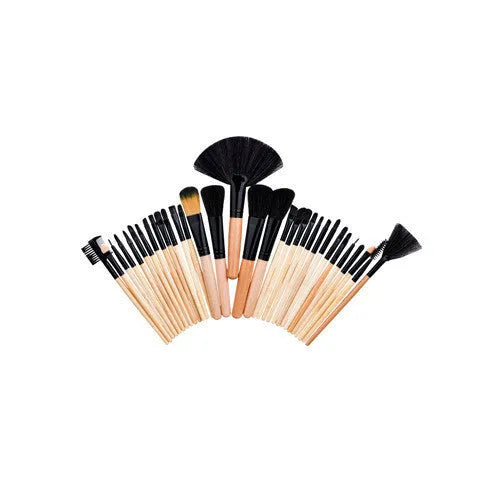 Makeup brush set with nylon bristles and wood handles in a portable size, available in beige or pink.