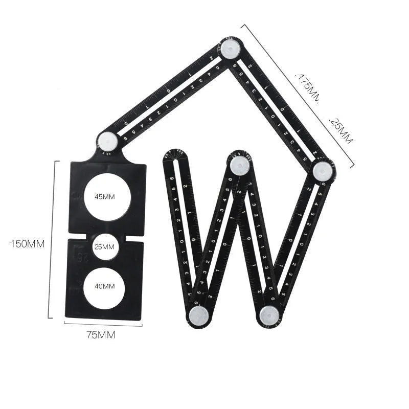 Six-fold aluminium alloy and plastic folding ruler shown in extended and compact folded positions.