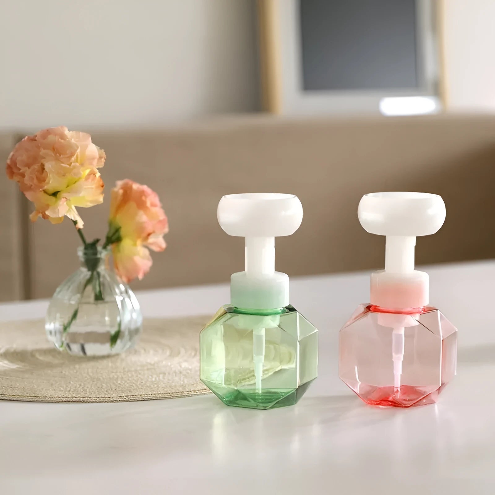 Empty non-woven fabric foaming bottle for soap in blue, green, pink, and yellow colour options.