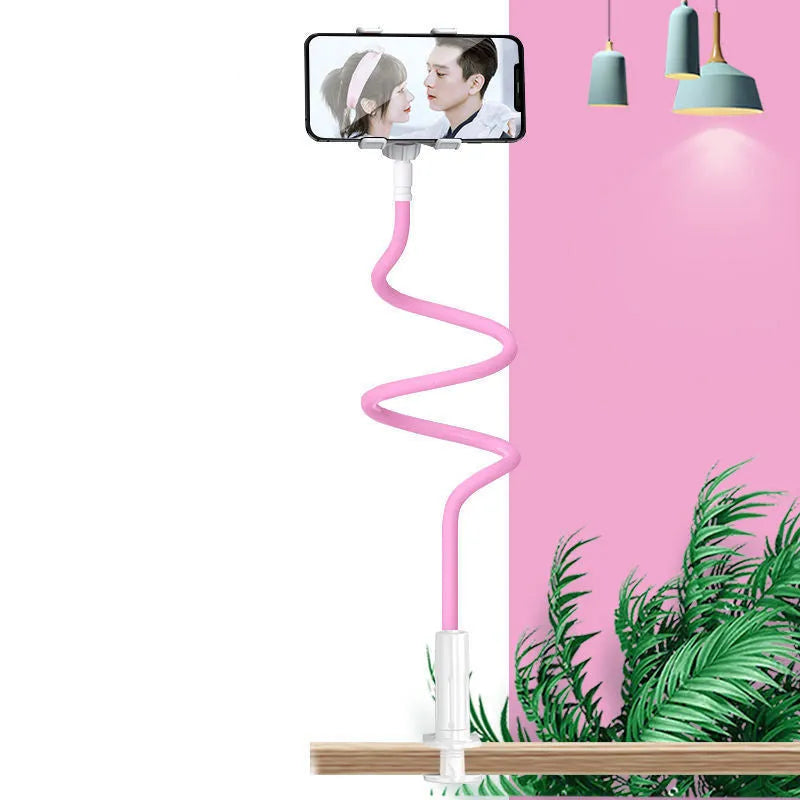 Blue bedside mobile phone holder with flexible memory alloy hose mounted on bed frame