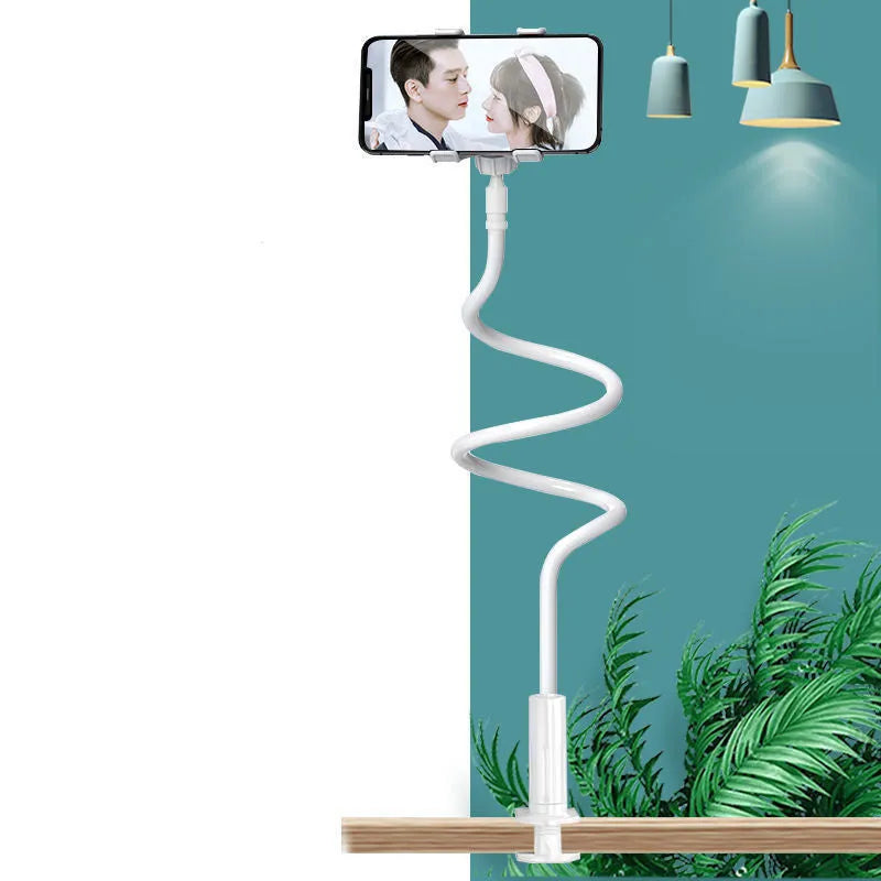Blue bedside mobile phone holder with flexible memory alloy hose mounted on bed frame