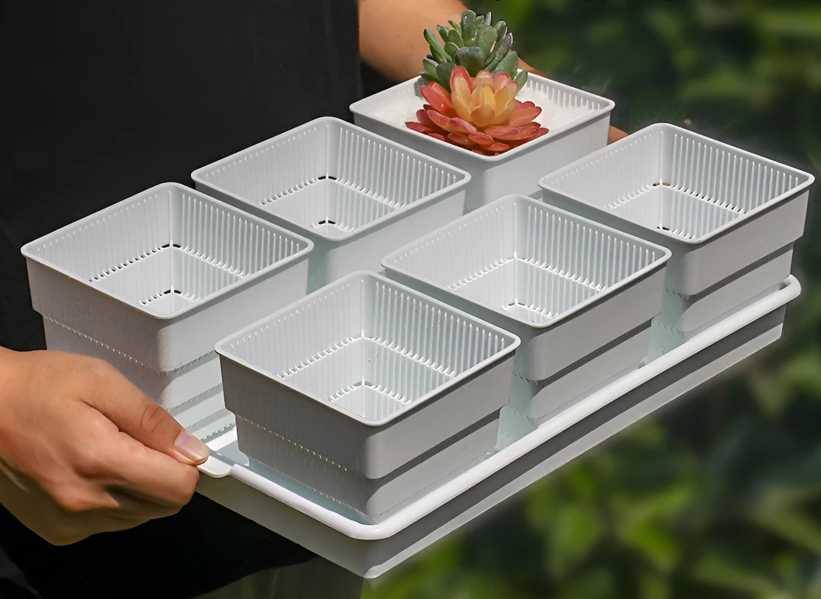Meishi Controlled Root Flower Pots plastic planters with black and white resin trays and basins