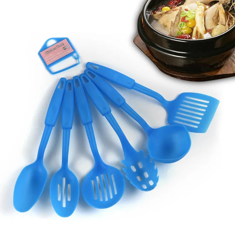 Black silicone kitchen utensil set with serving shovel and mixing spoon for non-stick pans