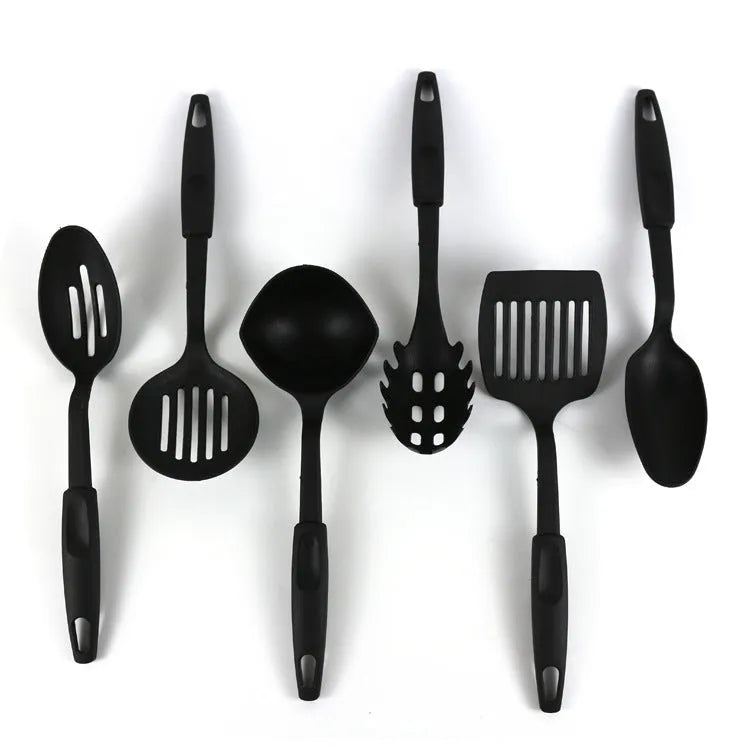 Black silicone kitchen utensil set with serving shovel and mixing spoon for non-stick pans