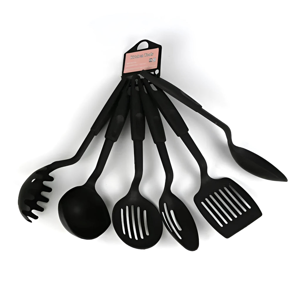 Black silicone kitchen utensil set with serving shovel and mixing spoon for non-stick pans