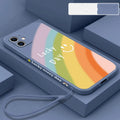 Rainbow smiley face silicone phone case for iPhone in blue, green, purple, and red colours.