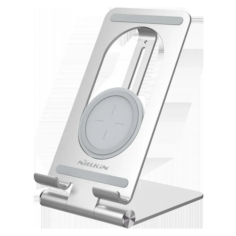 Nillkin foldable wireless charging stand showing charging receiver patch end and adjustable stand