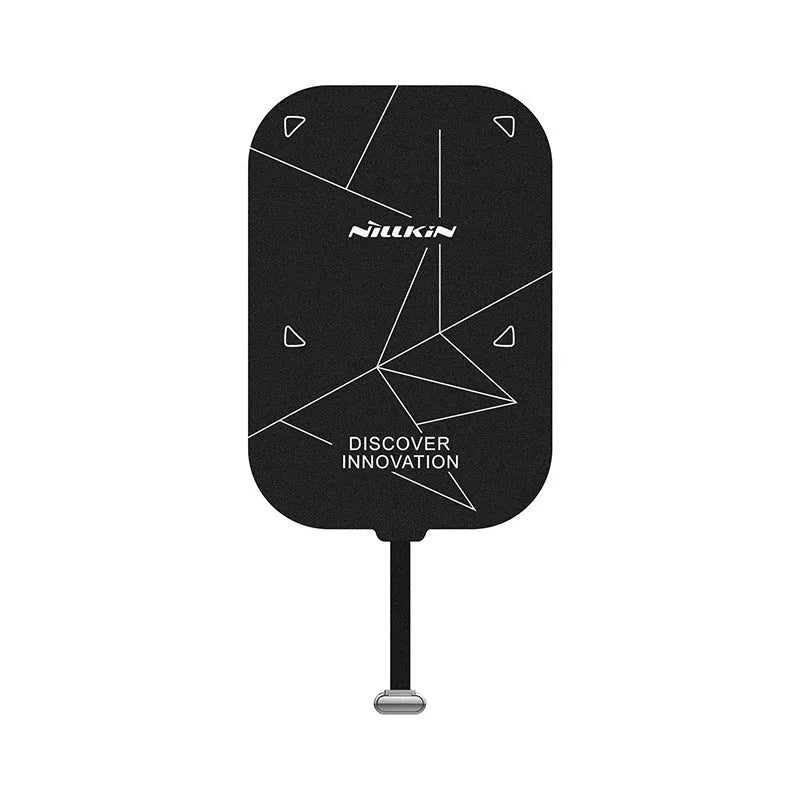 Nillkin foldable wireless charging stand showing charging receiver patch end and adjustable stand