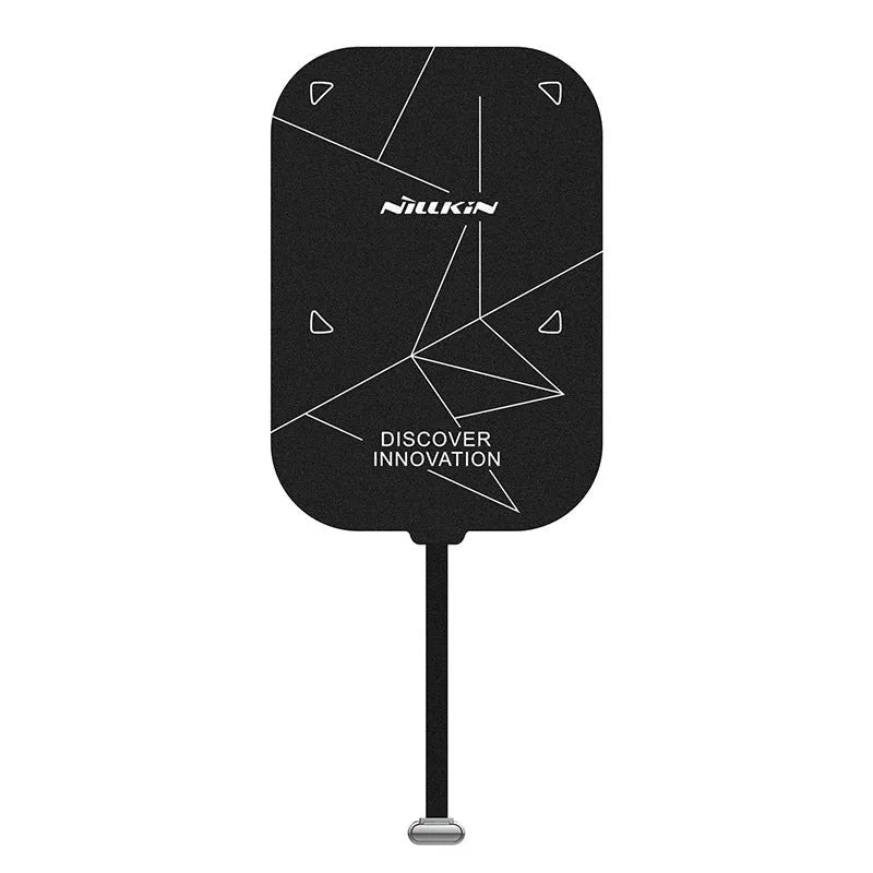 Nillkin foldable wireless charging stand showing charging receiver patch end and adjustable stand