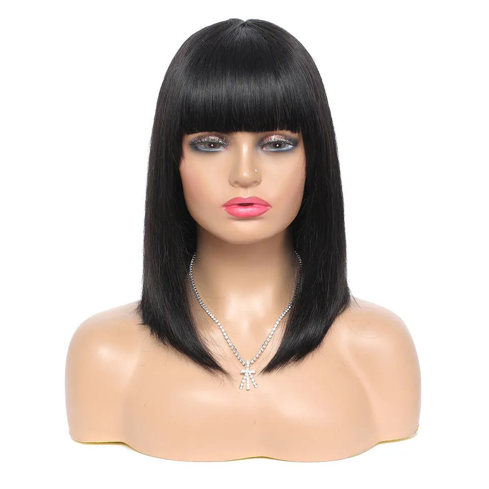 Women's short real hair bob wig with Qi bangs in black colour, available in 8 to 14 inch lengths