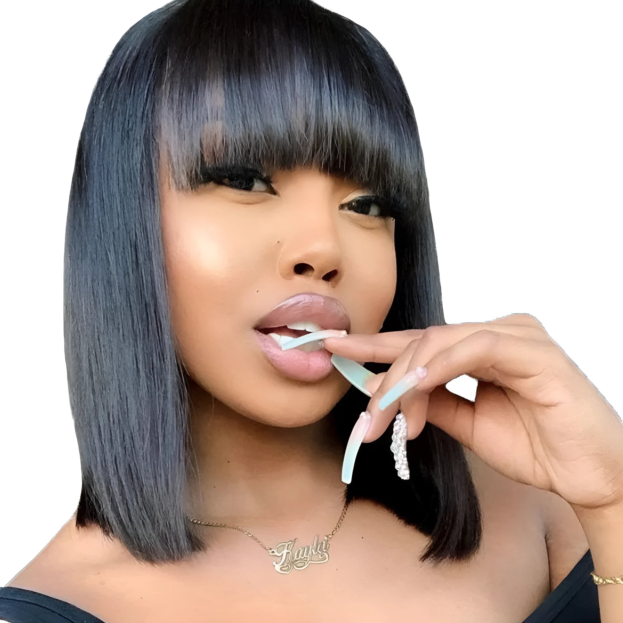 Women's short real hair bob wig with Qi bangs in black colour, available in 8 to 14 inch lengths